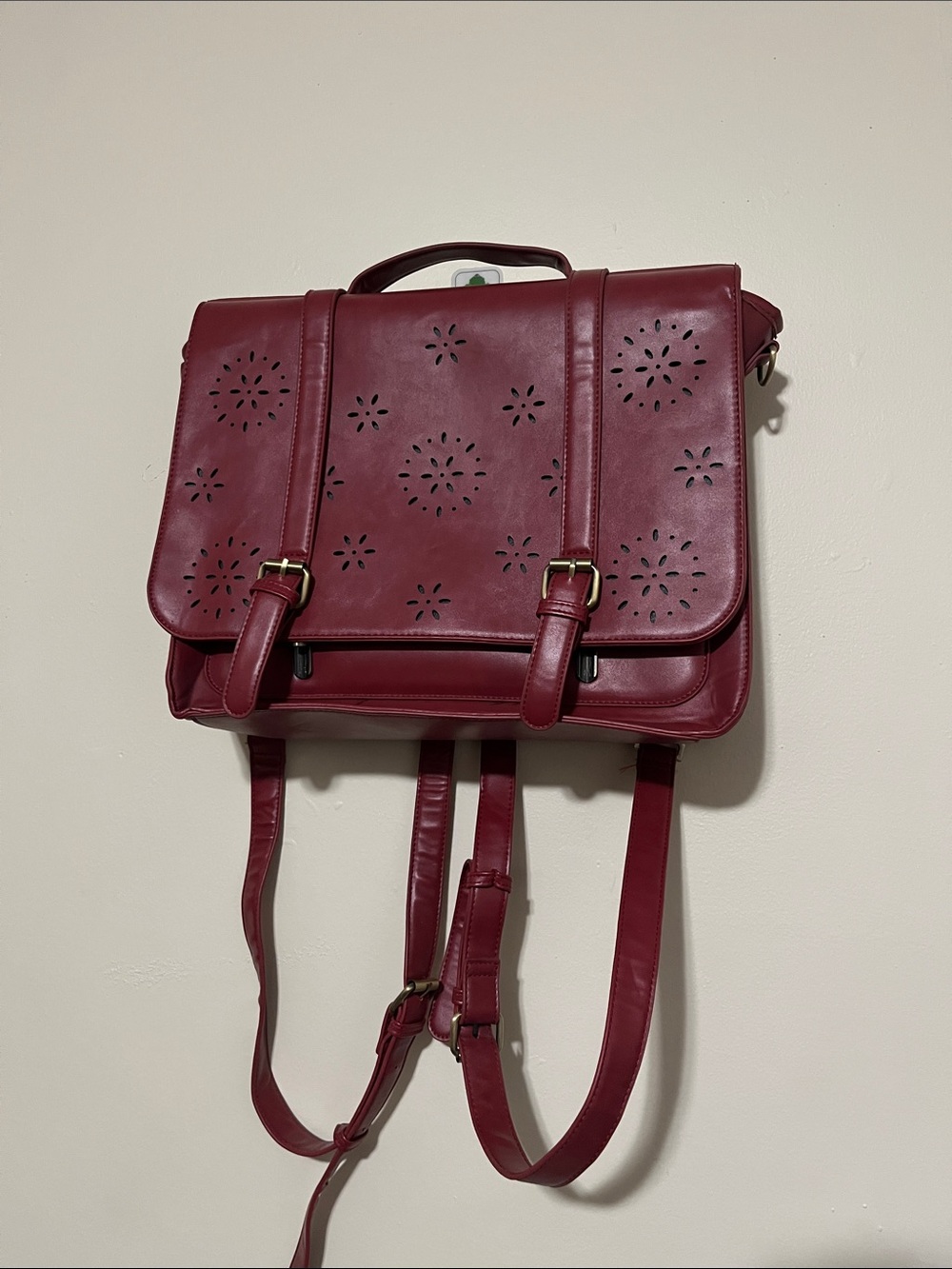 Cherry Red Laser-Cut Leather Backpack Satchel